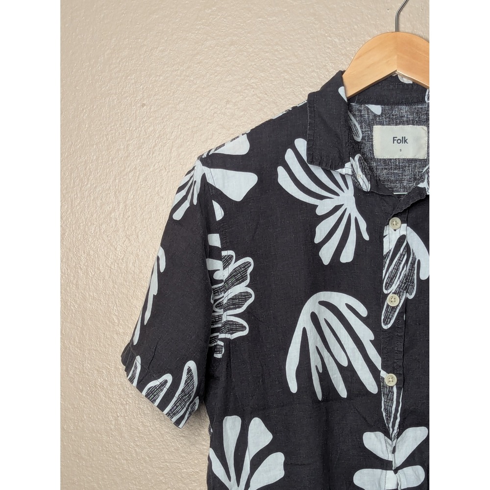 Folk Button Down Shirt Mens S Black White Abstract‎ Shell Print Linen Blend 2199 - Picture 5 of 15